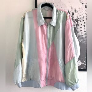 Vintage Blair 100% Silk Pastel Colorblock Bomber Track Jacket size 2XL